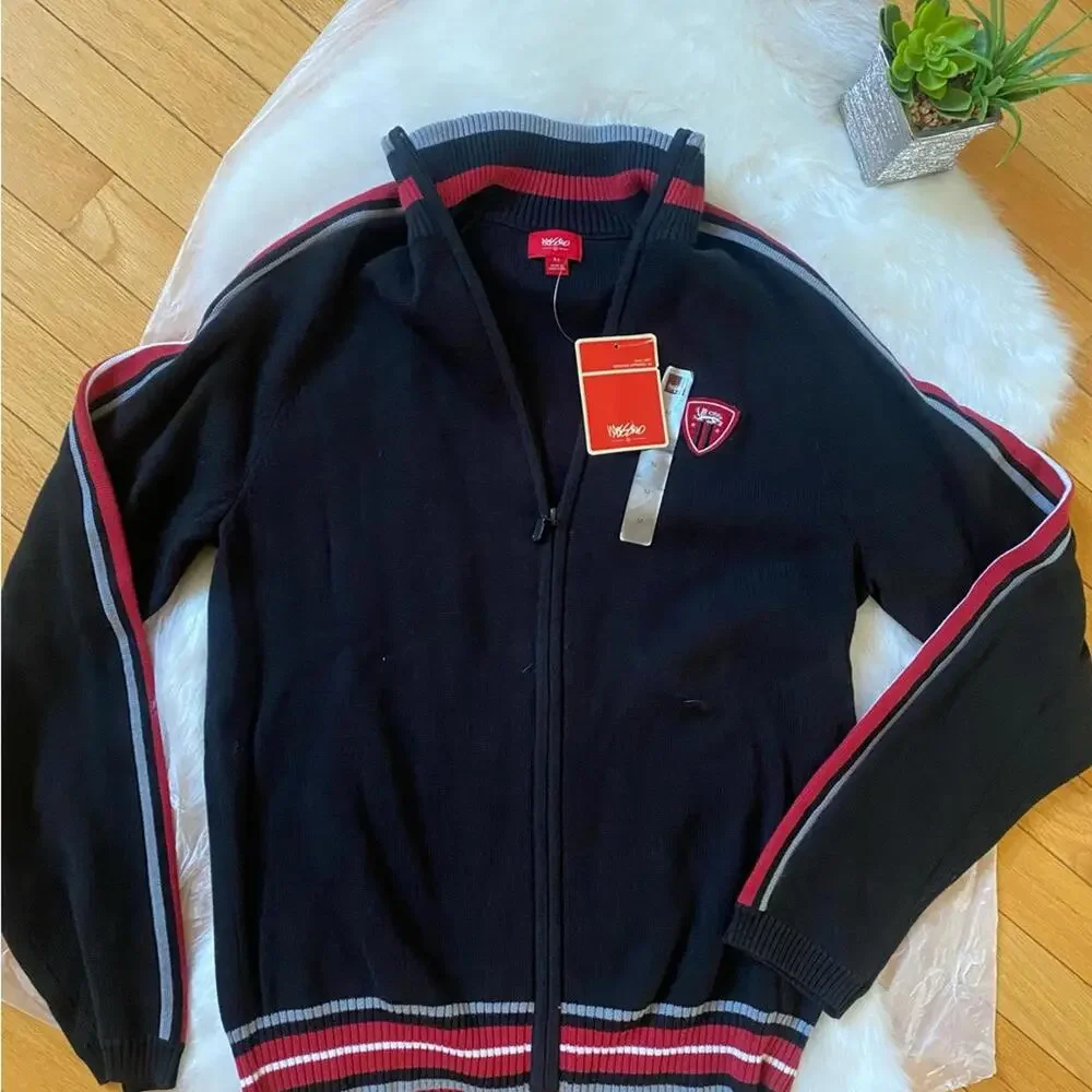 Mossimo Black Zip-Up Sweater with Red and Gray Stripes, Size M
